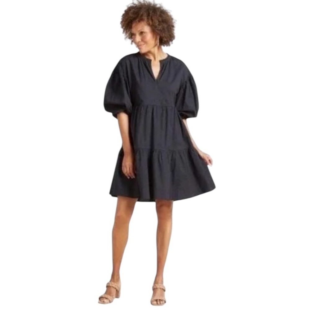Evereve Sundry Black The Everyday Dress Sz 0 XS Black Puff Sleeve Tiered Mini